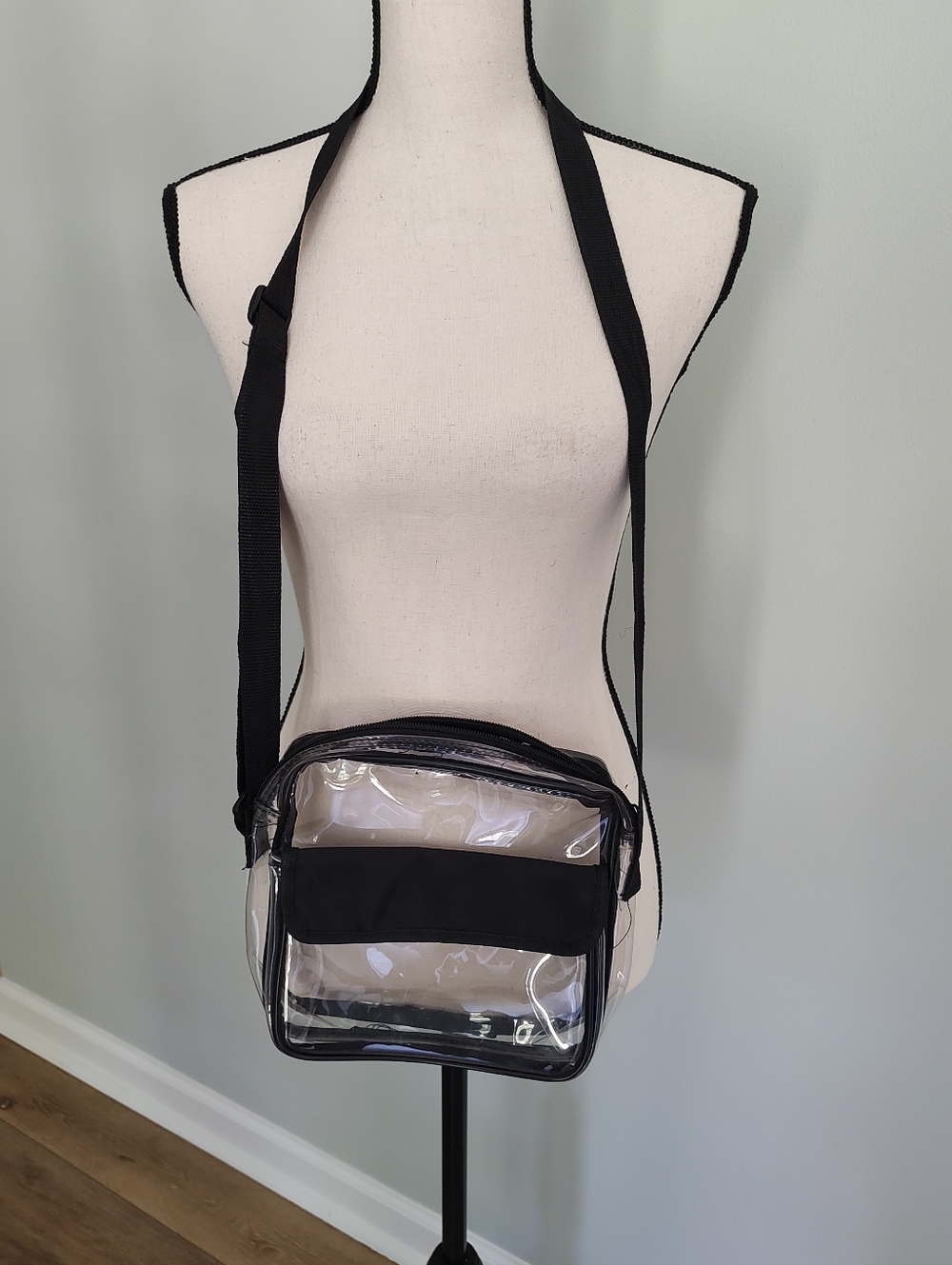 Clear Plastic Crossbody Zipper Bag With Hook And Loop Closure Side Pocket
